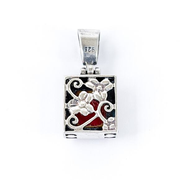 Vintage Sterling Silver 925 Red Enamel Floral Reversible Pendant - Picture 4 of 7